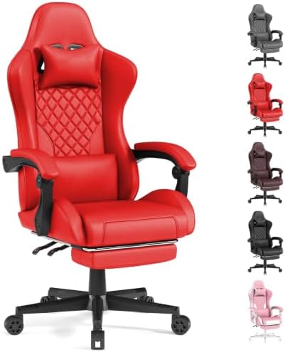 LUCKRACER Gaming Chair with Pocket Spring Cushion and Footrest, PU Leather 90°-155° Reclining Computer Chair, 4.5" Height Adjustment, Ergonomic Office Chair with Lumbar Support, Red