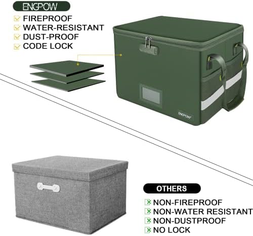 ENGPOW File Box with Lock, Fireproof Document Box with Zipper Lid, Collapsible File Storage Organizer Filing Cabinet with Handle, Portable Home Office Safe for Hanging Letter/Legal Folders, Green