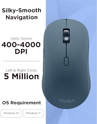 Lenovo Yoga Bluetooth Silent Mouse, 3 Level DPI Adjustment, 36 Month Battery Life, Bluetooth 5.3, 3 Device Paring, Whisper Quiet, Programmable Buttons, Smooth Finish, Tidal Teal