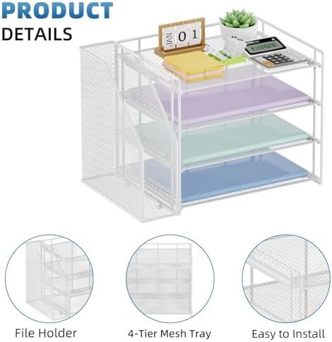Marbrasse 4-Tier Paper Tray Organizer with File Holder, White