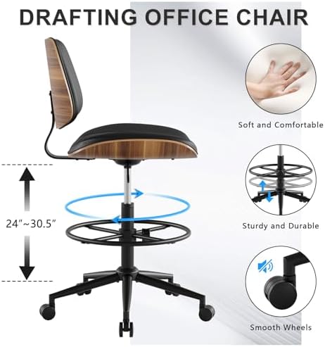 Drafting Chair with Adjustable Footrest, Rolling Walnut Stool, Black
