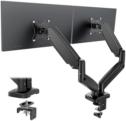 OLIXIS Dual Monitor Mount for Desk, Gas Spring Monitor Arm for 2 Monitors Max 32 Inches, Fully Adjustable Double VESA Mount with C-Clamp/Grommet Base, Holds Screen 17.6 lbs