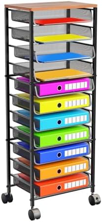 Simple Trending 12-Tier Rolling File Cart, Desk File Organizer with 11 Mesh Sliding Trays, Letter & Legal Paper Storage Rolling Utility Cart for Office Home School, Black