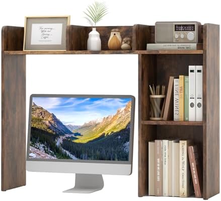 Tangkula Desktop Bookshelf, Countertop Storage Hutch with 5 Shelves for Computer Desk, 3-Tier Display Rack, Multipurpose Wood Desktop Hutch Storage Organizer for Dorm Office, Brown