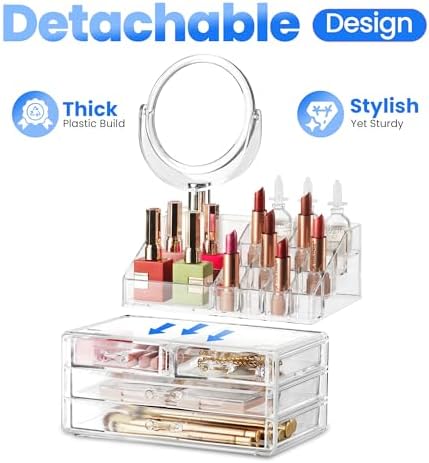Masirs Clear Makeup Organizer with Mirror – 16-Compartment Cosmetic and Jewelry Holder, 4-Drawer Vanity Storage, Elegant Clear Design for Makeup and Accessories
