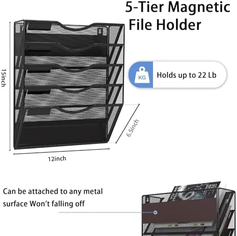 5-Tier Magnetic File Holder, No Drilling Installation File Cabinet Organizer, Black Magnetic File Organizer, Magazine Rack, Magnetic Paper Holder for Refrigerator, File Cabinets, Whiteboard