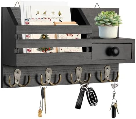 Key Holder Wall Mount, Wooden Key and Mail Organizer, Black