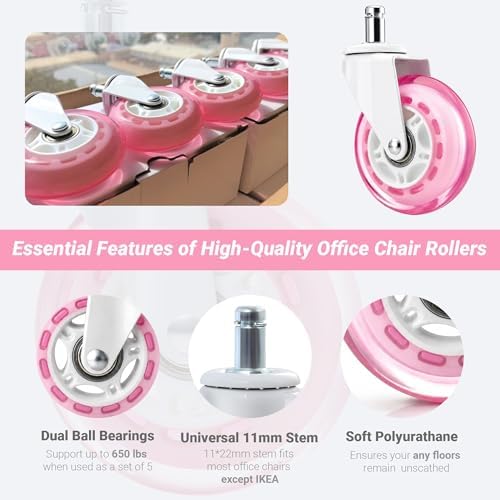 Pink Office Chair Caster Wheels Set of 5, 3 Inch Heavy-Duty Rubber Chair Casters Replacement, Computer Gaming Desk Caster Wheels Smooth Rolling for Hardwood Carpet Tile Floors, 11 * 22mm Universal fit