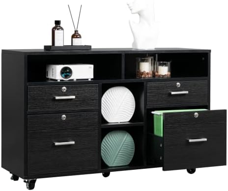 VINGLI Wood Mobile File Cabinet with 4 Drawers and Shelves, Printer Stand with Open Storage, Locking Lateral Filing Cabinet for Home Office, Black