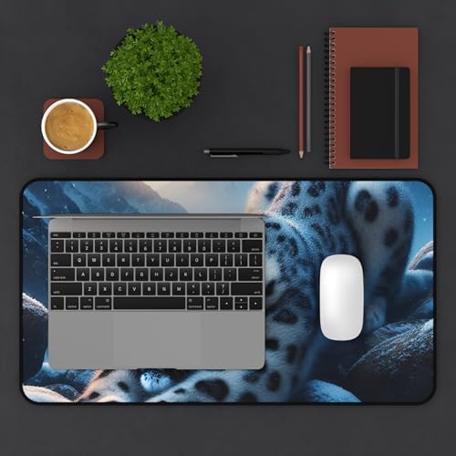 Vibrant Snow Leopard Stretching on Rocks Desk Mat - ICY Blues & Smooth Surface