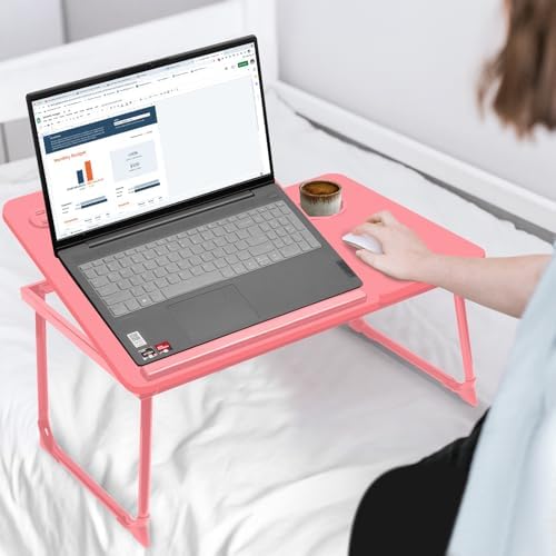 CloudTrip Plus XL Adjustable 17in Laptop Desk with Light, USB Port, iPad Holder, Drawer Storage - Larger 23.6IN Adjustable Lap Desk for Bed, Home Office, Breakfast Tray, Fordable Legs Desk (Pink)