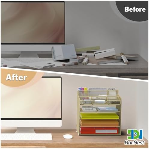 Docnest 5 Tier Mesh Desk Organizer with Letter Tray & Paper Sorter, Gold