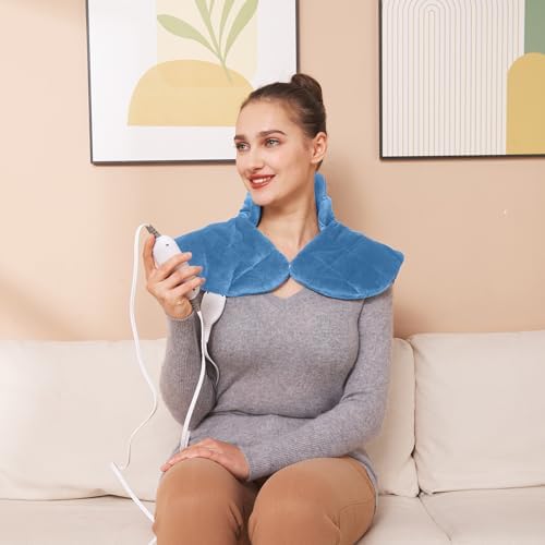 Ambershine 19''x24'' Weighted Neck & Shoulder Heating Pad, 2.5lbs with 12 Temperature Settings& 4 Auto-Off Timers, Pain Relief for Neck/Shoulder/Back(Light Blue)