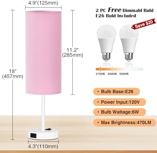 ZJOJO Table Lamp for Bedroom Set of 2,18" Pink Lamps with AC Charging