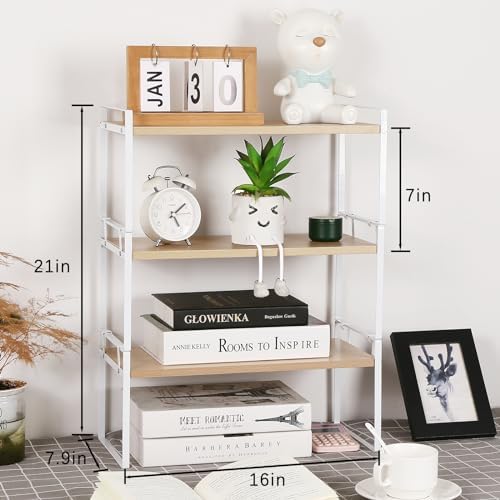 YGYQZ Desk Shelf Organizer for Top of Desk, 3-Tier Desktop Bookshelf, White & Wood