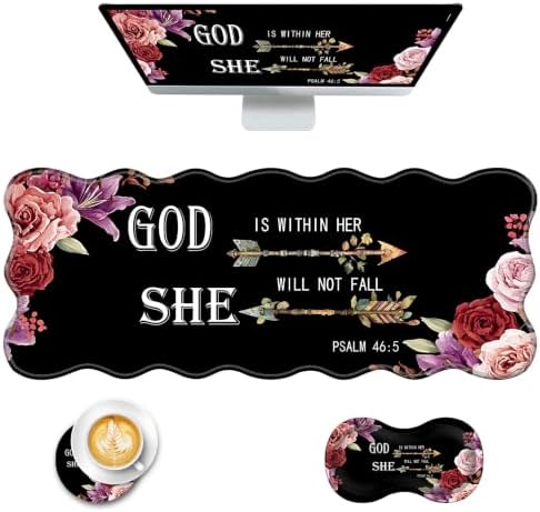 Mouse Pad with Wrist Support + Desk Mat + Coaster 3 in 1 Set, XL Large Gaming Mousepad Ergonomic Mouse Pads for Desk Computer Laptop Office,Flower Bible Verse Psalm 46-5