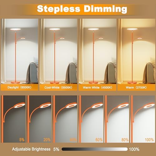 marctronic Orange Floor Lamp, 42W 4000LM Super Bright LED Lamp with Reading Light for Living Room Bedroom Office, Touch Control, Dimmable Standing Lamp with Remote