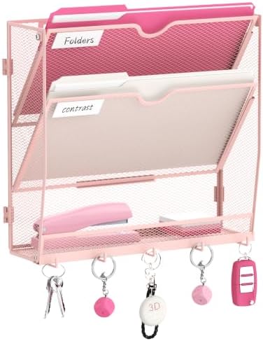 Wall File Holder Hanging Wall File Organizer, Wall Mount Mail Holder and Paper Organizer with Bottom Shelf & 5 Hooks for Office Home School (3-Tier Pink)