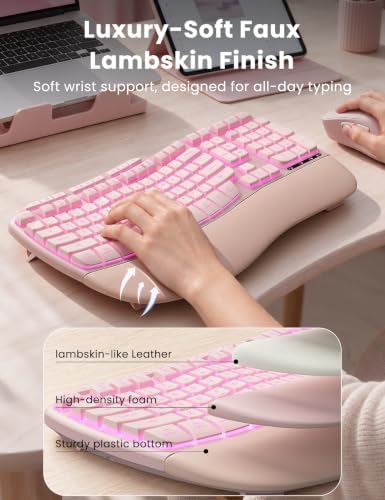 SABLUTE Pink Ergonomic Wireless Keyboard and Mouse Combo, Rechargeable 4000mAh Backlit Keyboard with Soft Faux Lambskin Palm Rest, Wave Keys for Natural Typing, Compatible with Windows/Mac/Chrome OS