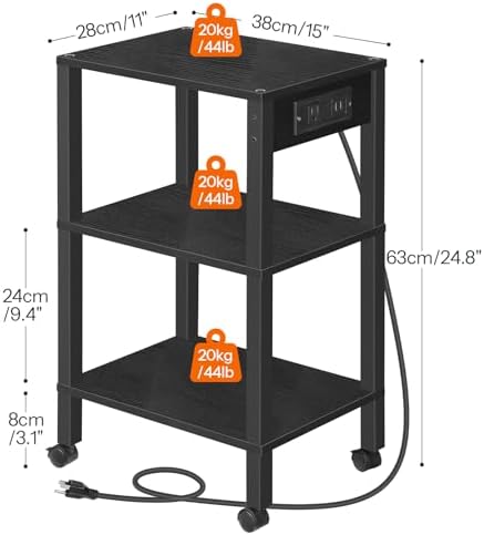 HOOBRO 3-Tier Printer Stand with Charging Station, Under Desk Printer Table, Printer Cart with Storage Shelves, Shelf for Small Spaces, for Home Office, Black BK63UPS01