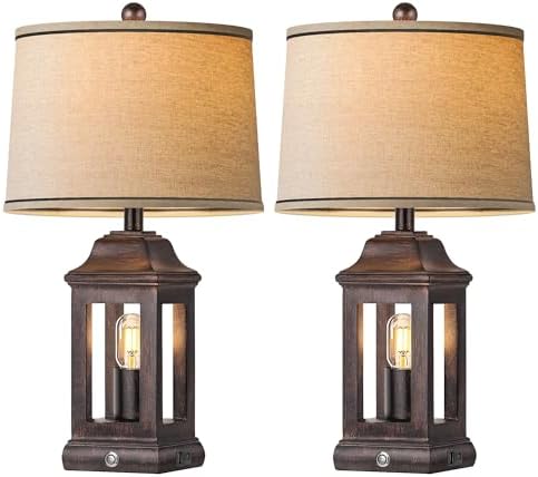 24" Rustic Farmhouse Table Lamps for Living Room Set of 2, Touch Dimmable Nightlight Vintage Bedside Lamps with USB A+C Ports & Dual Light Sources for Bedroom Nightstand End Table, Antique Black