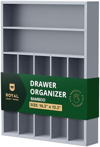 ROYAL CRAFT WOOD Luxury Bamboo Kitchen Drawer Organizer - Silverware Organizer - Utensil Holder and Cutlery Tray with Grooved Drawer Dividers for Flatware and Kitchen Utensils (7 Slot, Gray)