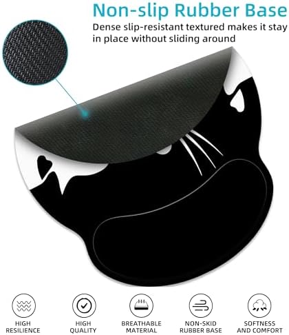 White Black Cat Ergonomic Mouse Pad with Wrist Rest for Desk Work Office