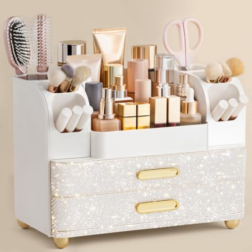 HBlife Makeup Organizer for Vanity with Brush Holder, Large Bathroom Countertop Cosmetic Organizer Skin Care Storage, Easy to Store Nail Polishes, Perfumes, Eyeshadow Palettes, Pearl All White
