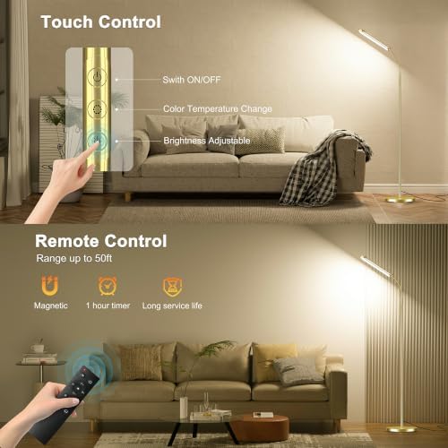 Dimmable LED Floor Lamp, Super Bright Reading Lamps Floor Standing lamp with Remote & Touch Control, Stepless Dimming & 2700K-6500K Color Temperature, for Living Room Bedroom Office, Brassed Gold