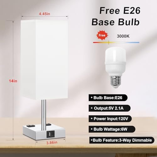 White Touch Table Lamp for Bedroom - Dimmable, USB C+A, 2 AC Outlets