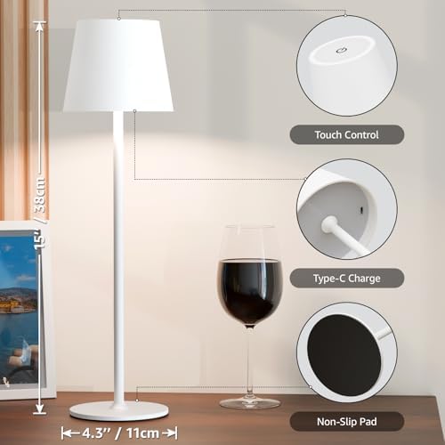 uuffoo 3 Pack Cordless Table Lamp Rechargeable 5000mAH Battery Operated Lights Touch Control LED Portable Desk Lamps 3 Color Dimming for Outdoor Coffee Bedroom Kitchen (White)