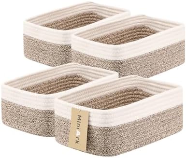 MiniArk Small Storage Baskets for Organizing | Closet Organizer Bins | Shelf Toy Basket | Woven Rope Baskets | Cube Decorative Box | Shallow Basket | 11.5x7.5x4.7” | 4 Packs White Brown