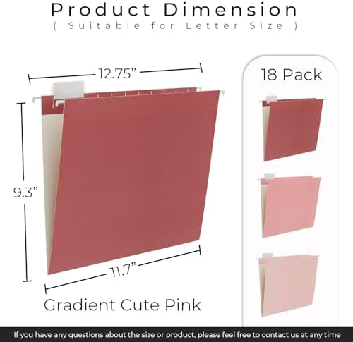 Y YOMA 18 Pack Gradient Hanging File Folders Letter Size Decorative Hanging Folder Pretty File Folder Organizer for Filing Cabinet Office Home with 1/5-Cut Adjustable Tabs, Cute Pink