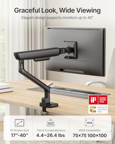 monTEK Mechanical Spring Single Monitor Arm for 27 32 34 40in Screens