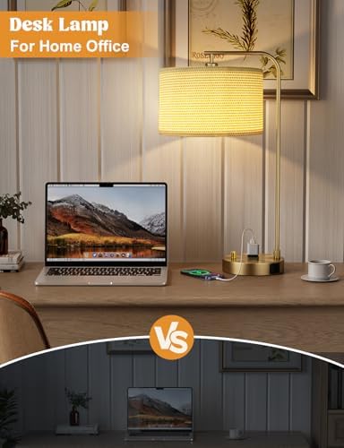 20.7" Gold Table Lamp with USB & Outlet, Fully Dimmable Nightstand Lamp