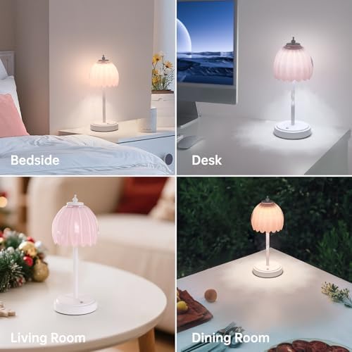 Shenmoyl Rechargeable Table Lamp with 5200mAh Battery & Touch Control - 3 Adjustable Color Temperatures, Cordless Dimmable Table Light for Bedroom, Office Desk, Nightstand(Creamy Pink, 1 Pack