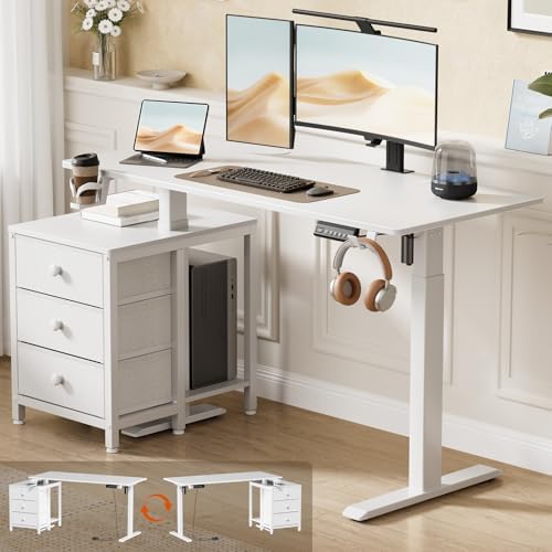 REAHOME 47 Inch White Electric Height Adjustable Standing Desk with Drawers
