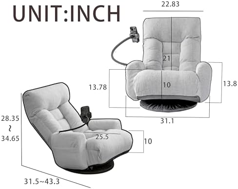 360° Swivel Floor Gaming Chair Linen Folding Chaise Lounge Chair Adjustable Cozy Sofa Chair with Armrests, Phone Holder & Padded Cushion, Ideal for Living Room, Bedroom (Grey)