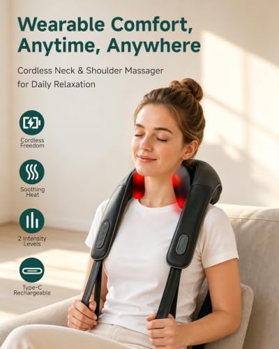 Cordless 4D Shiatsu Neck & Shoulder Massager with Heat, Home Office Travel