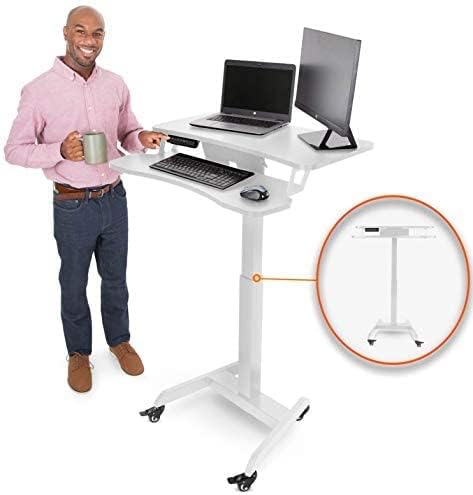 Stand Steady Cruizer Premier Electric Mobile Podium Desk with Keyboard Tray | Sit or Stand Height Adjustable Portable Standing Desk with Wheels | Portable Podium with Programmable Control Pad (White)