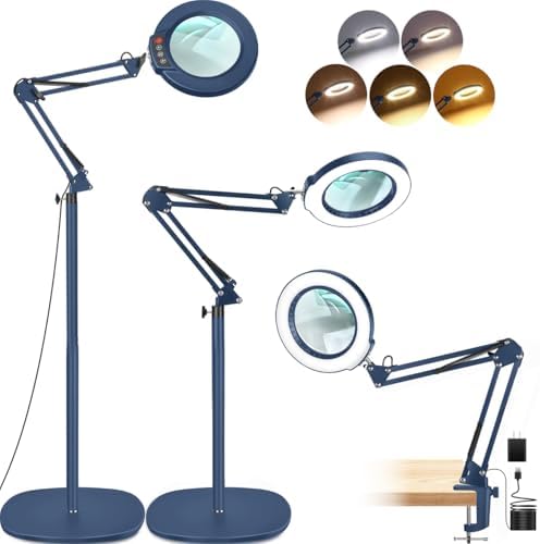 LANCOSC 15X Magnifying Glass with Light and Stand, 3-in-1 Adjustable Swing Floor Lamp, 5 Color Modes Stepless Dimmable, LED Lighted Hands Free Magnifier & Clamp for Reading, Crafts, Painting - Blue
