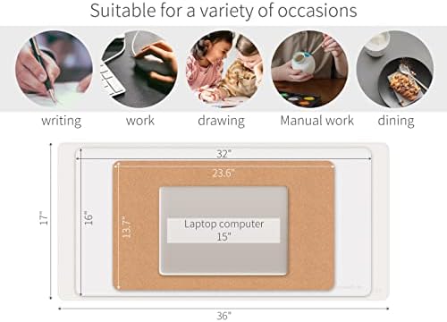 RENMTURE Dual-Sided Mouse Pad, Natural Cork & PU Leather Large Desk Pad for Office and Home Work, Desk Protector Non-Slip, Waterproof, Easy Clean (White, 36"x17")