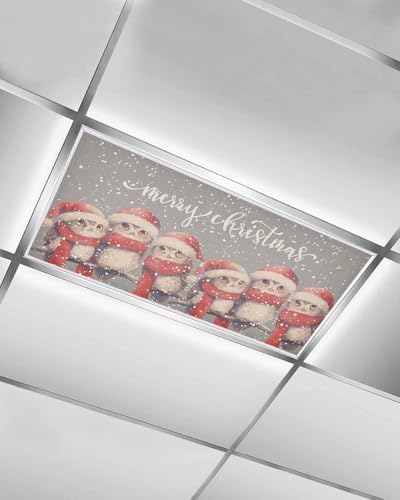 Christmas Red Magnetic Fluorescent Light Covers for Ceiling Lights 2 x 4 Feet,Snowflakes Vintage Owl Watercolor Grey Office Classroom Kitchen Drop Ceiling Light Covers Filters Shade Panel 1 Pack
