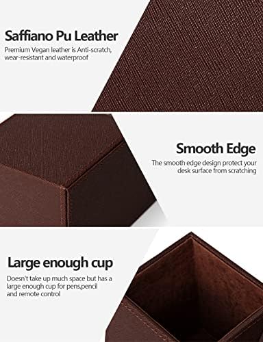 Desk Supplies Organizer, Multi-Functional Pencil Pen Holder with Wireless Charger, Desktop Stationery Organizer, Home Office Supply Storage Box Caddy (Brown)