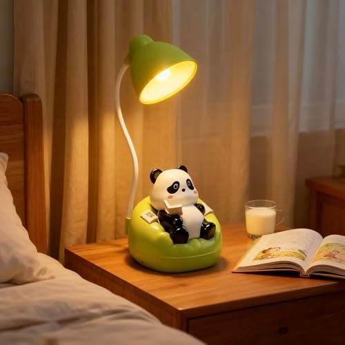 Cute Panda Night Light with Phone Stand & Storage, Rechargeable Bedside Lamp, 3-Level Touch Control Adjustable, LED Desk Lamp with USB for Bedroom Study Room, Boys Girls Gift (Green)