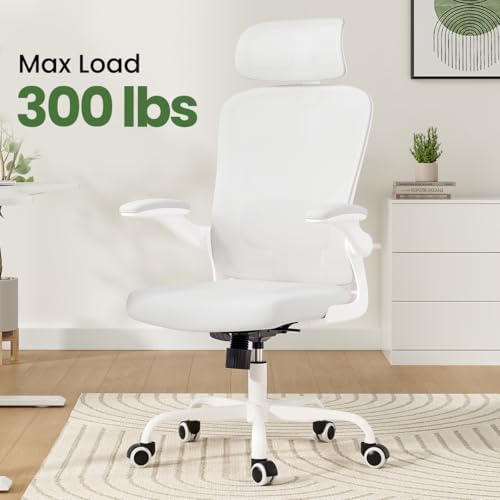 Ergonomic Office Chair, High Back Home Desk Chair with Headrest, 300 LBS Home Mesh Office Desk Chairs with Wheels, Comfortable Gaming Chairs (White)