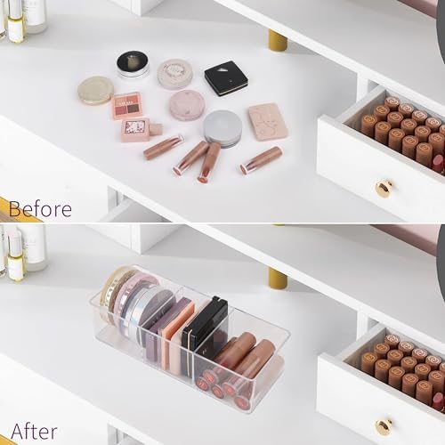 Stackable Clear Drawer Organizers Small Makeup Vanity Storage Bins Trays and Office Desk Drawer Dividers Triple Compartments 2 Pack