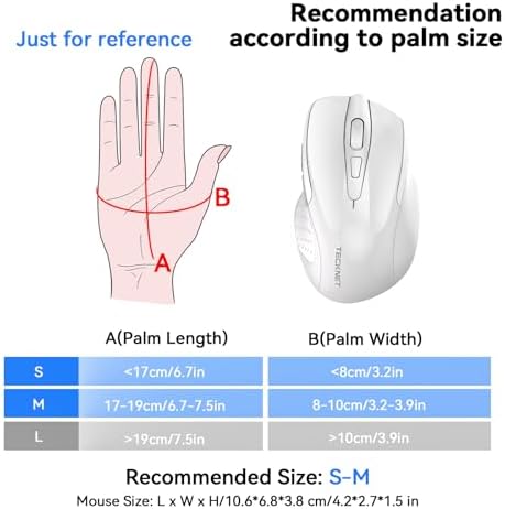 TECKNET Rechargeable Jiggler Wireless Mouse, Dual-Mode Connectivity, White
