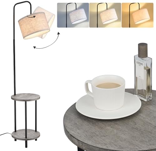 ELYONA Solid Wood Floor Lamp - Rustic Side Table Lamp for Bedroom & Living Room - Mid Century Modern Floor Lamp with 3 Color Temperatures LED Bulb - Industrial Tall Pole Reading Standing Light - Grey