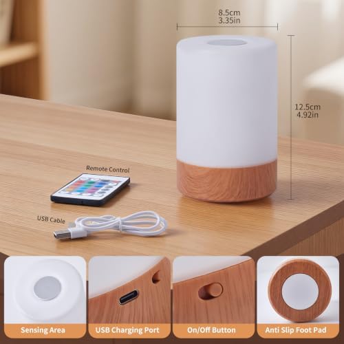 Night Light, Touch Bedside Table Lamp, Remote Control Dimmable Desk Lamp with RGB Color Changing, Portable Table Bedside Lamps for Bedroom, Living Room